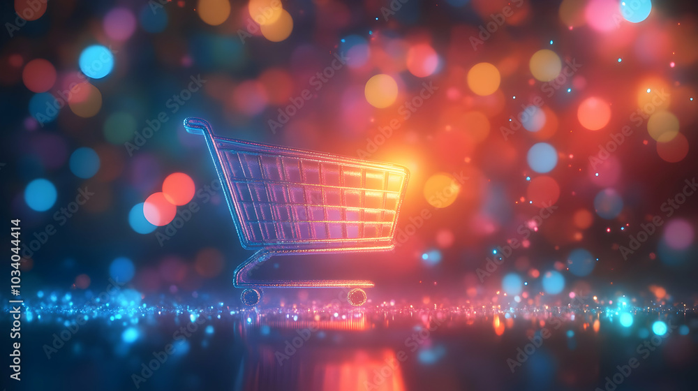 Poster 3d soft abstract shopping cart icon concept - glowing symbol of buying amidst colorful bokeh lights 