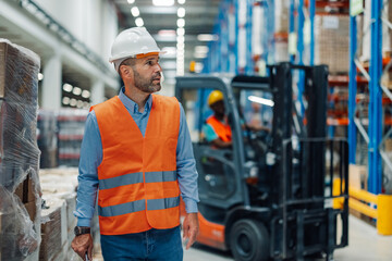 Warehouse manager walking and supervising goods being moved by forklift driver © Zamrznuti tonovi