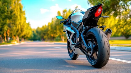 Powerful Motorcycle Speeding on the Open Road with Scenic Nature Backdrop