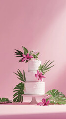 Obraz premium Tropical wedding floral cake with vibrant flowers on solid color background, copy space