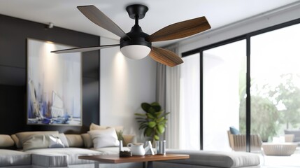 A comfortable living room with a couch and a ceiling fan, perfect for relaxation