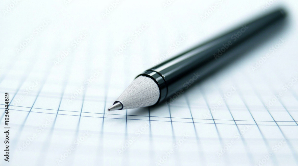 Poster a close-up view of a black pen resting on a neatly arranged sheet of grid paper, capturing a moment 