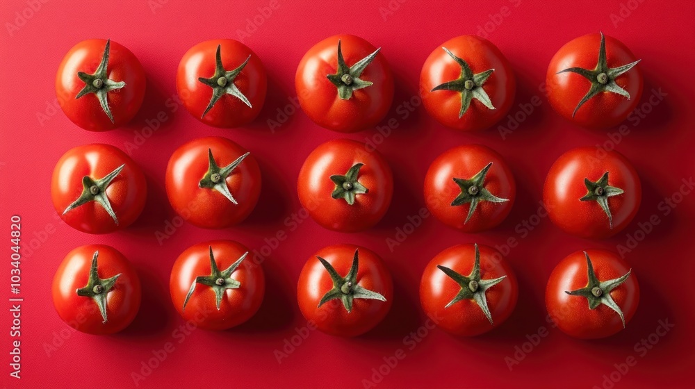 Aufkleber a flat lay of 15 fresh red tomatoes arranged in a grid pattern on a red background.