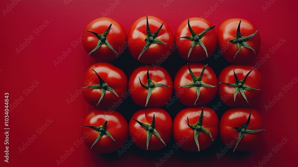 Aufkleber a flat lay of a dozen ripe red tomatoes arranged in a grid pattern on a red background.