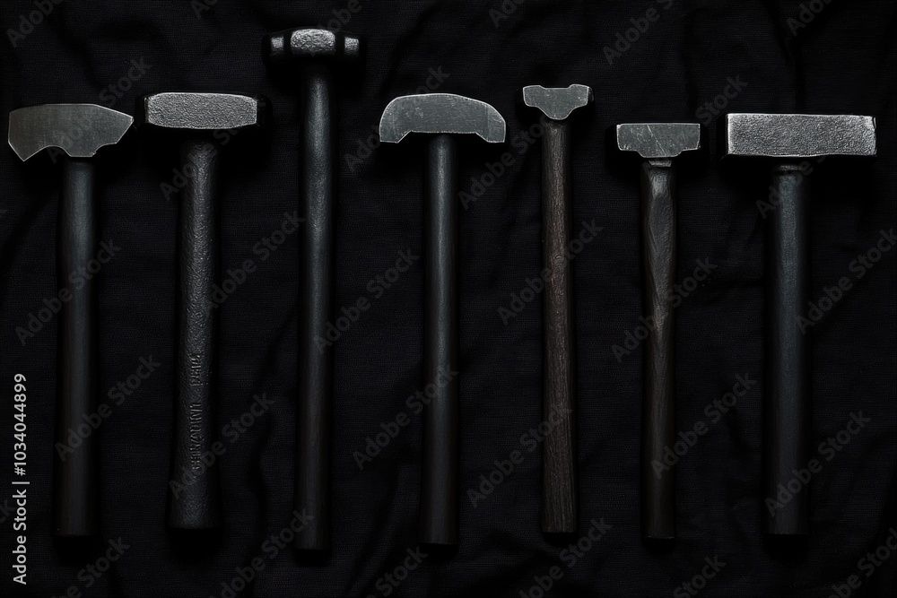 Poster A collection of hammers resting on a dark surface, perfect for representing tools or DIY concepts
