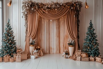 Low-angle Christmas backdrop with stars, presents, golden lights, and boho-draped green trees against a white wooden wall, dark vintage style.