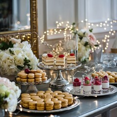 Luxurious sweet buffet featuring gourmet French macarons, layered mini cakes, and panna cotta served on elegant silver stands at a formal catered event.