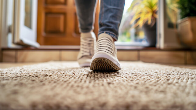 Walking safely on non slip surface, person in casual shoes steps onto textured rug, showcasing comfort and stability in their home environment