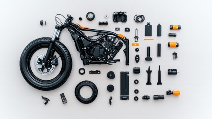 Obraz premium Motorcycle Engine Parts Disassembled on Workbench with Tools