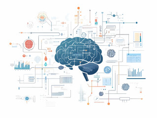 Flat Neuro Linguistic Policy Translator Concept for Smart Business: Visualizing Device Processing Complex Policies into Clear Language, Isolated on White with Brainwave Text Conversions.