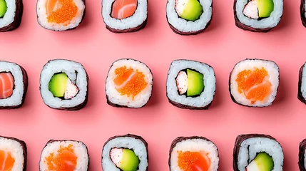 Fotobehang A conveyor belt with perfectly arranged sushi rolls, overhead shot, vibrant lighting © Kulvarin