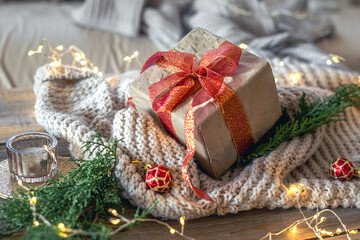Christmas composition with a festive gift. Christmas concept.