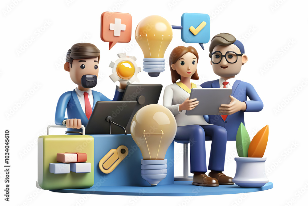Aufkleber collaborative team idea generation: diverse business professionals brainstorming in a soft abstract 