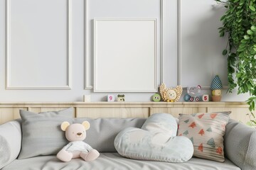 Blank white frame mockup in a cozy living room setting with pillows and toys.