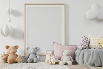 Blank square frame mockup in a nursery room with stuffed animals, a wicker basket, and a rug.