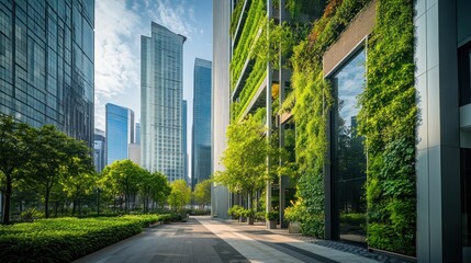 Modern city buildings with green walls and trees, sunny day.