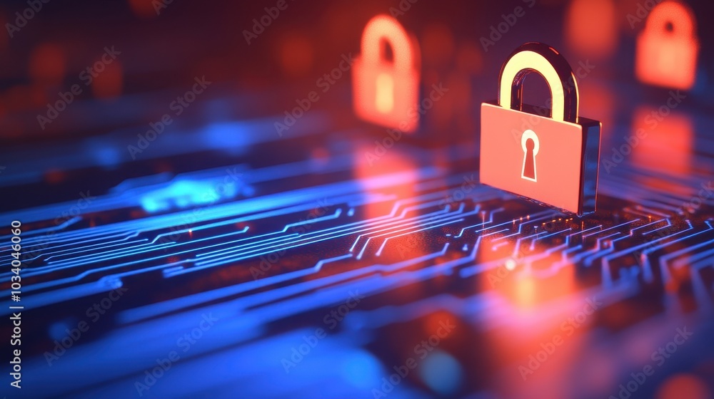 Poster 3d digital padlock floating above a circuit board with blue glowing lines with copy space
