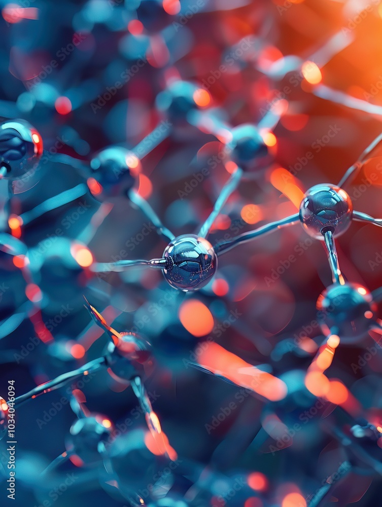 Poster a abstract molecular structure featuring interconnected atoms depicted as metallic spheres linked by