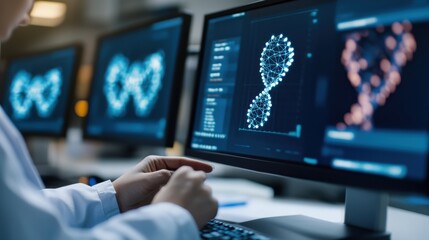 3D visualization of DNA structures on digital screens in a modern biotech research facility