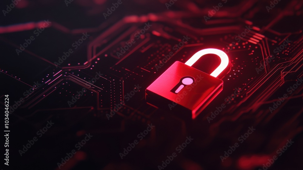 Poster a bright red padlock icon set against a futuristic circuit board glowing softly with digital lines w