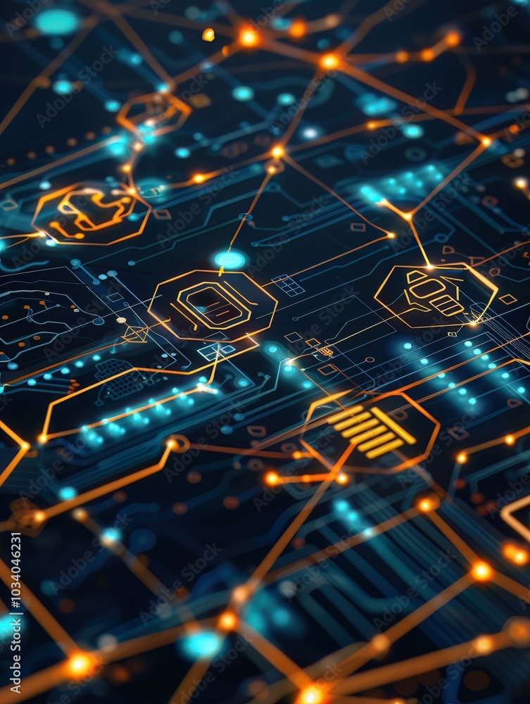 Poster a close-up of an abstract circuit board reveals intricate patterns and glowing blue and orange lines