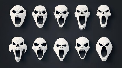 A collection of ghostly faces screaming, each expressing terror and dread, perfect for a haunted theme.