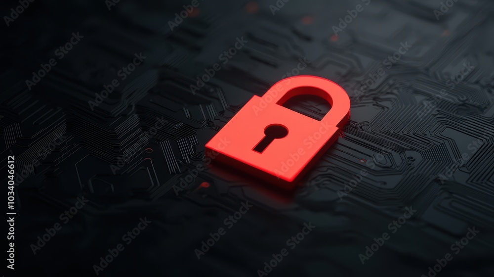 Aufkleber a modern padlock symbol glowing in bright red surrounded by a dark cyber background with tech elemen
