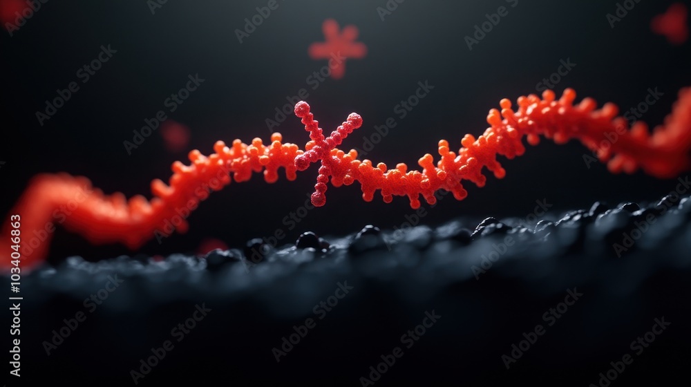Poster a vibrant 3d molecular structure features a striking red double helix intertwined with black element