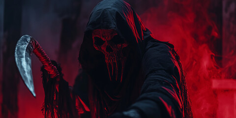Halloween Background,Hooded skull in dark coat, dark in danger, scary face hidden in shadow,Generated By Ai