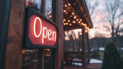 A vibrant close-up of a red Open sign at a cozy entrance, illuminated by string lights in a softly l