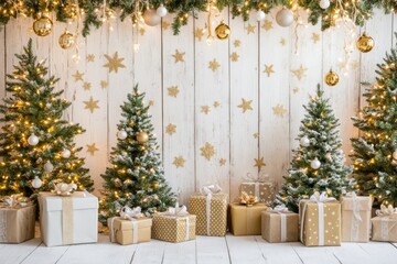 Low-angle Christmas backdrop with stars, presents, golden lights, and boho-draped green trees against a white wooden wall, dark vintage style.