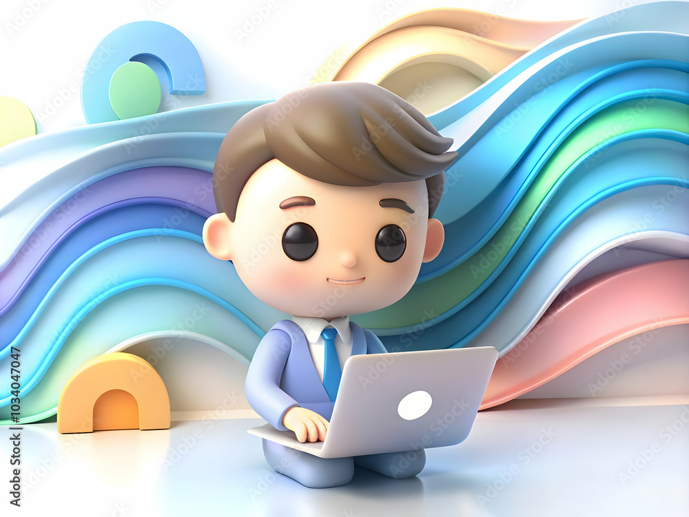 Poster soft abstract waves background with entrepreneur working on laptop - fluid dynamic design for stock 
