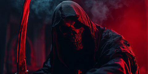 Halloween Background,Hooded skull in dark coat, dark in danger, scary face hidden in shadow,Generated By Ai