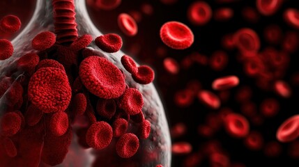 Artistic depiction of red blood cells exchanging gases in the lungs’ alveoli with copy space