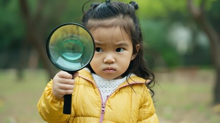 Curious young girl exploring with a magnifying glass in a park.