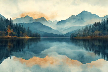 Obraz premium A serene landscape showcasing a tranquil lake surrounded by misty mountains and lush forests under a soft, hazy sky.
