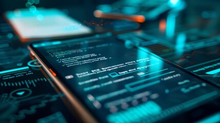 Fototapeta premium Close-up of a smartphone displaying code on a futuristic interface.