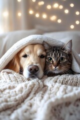 Dog and cat cuddled under a blanket with Christmas lights in background