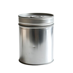 Shiny silver canister sitting on a plain white surface