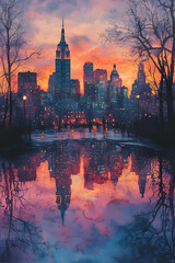 Naklejka premium A vibrant sunset casts reflections of skyscrapers in a serene body of water, framed by bare trees, creating a picturesque urban landscape.