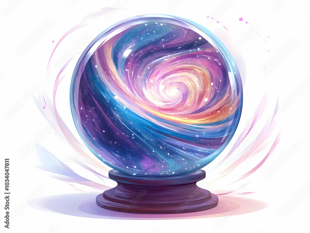 Poster flat prediction crystal ball illustration: minimalist design with hypnotic swirl patterns for smart 