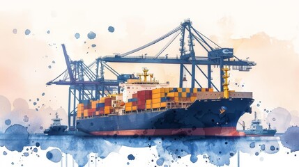 Obraz premium Watercolor painting of a cargo ship at a harbor with cranes.