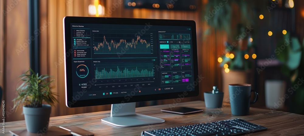 Poster digital dashboard displaying robust financial portfolio with graphs indicating strong financial heal