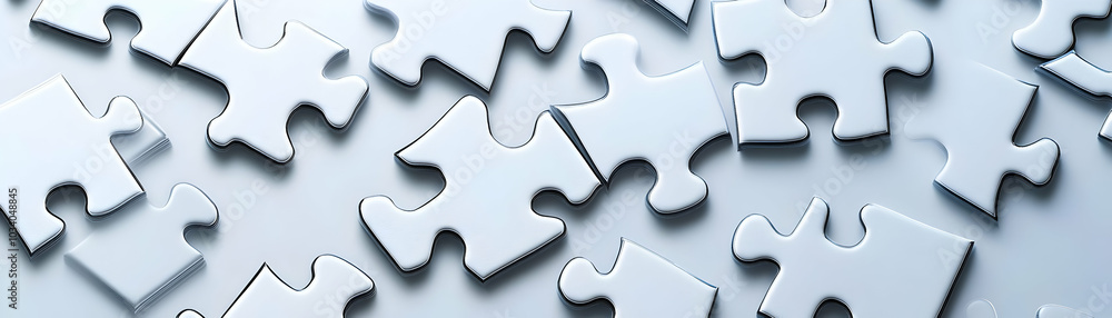 Poster plain puzzle pieces on glossy white surface - overhead shot for esg business discussions and problem