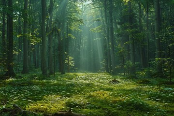 Obraz premium Lush forest scene with sunlight filtering through trees, creating a serene atmosphere.