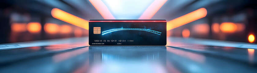 Credit Card on Glossy Surface with Holographic Bridge & Community Icons - Close-Up Photo Concept for Financial Inclusion and Collaboration