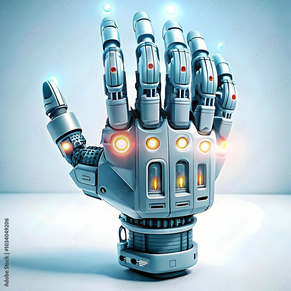 Poster macro shot of futuristic robotics hand with led lights - showcase detail and technology for photo st