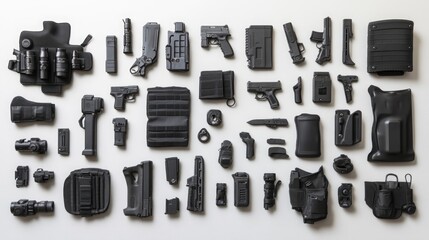 Fototapeta premium A flat lay of various tactical gear items, including guns, holsters, magazines, knives, and a body armor panel, all in black, on a white background.
