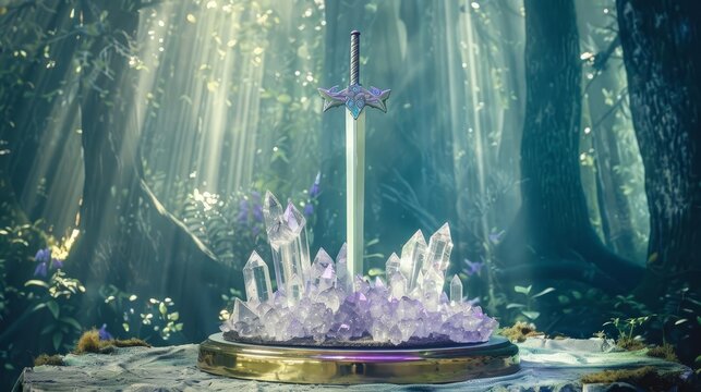 A shining sword rests upon a bed of crystals in a mystical forest.