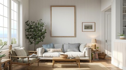 Modern living room interior with a blank frame, perfect for showcasing art or design.